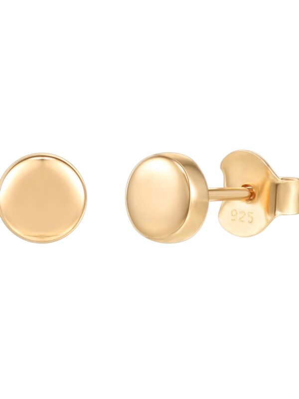 Close-up of PAVOI 14K Gold Plated Sterling Silver Earrings, featuring delicate dot and triangle disc studs with a flawless gold finish, ideal for everyday elegance and hypoallergenic comfort. 