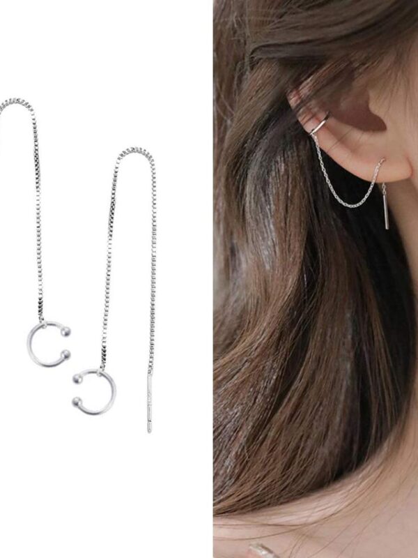 Cuff Chain Earrings Silver Tassel Wrap
