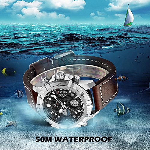 Sport Watch Digital Analog Waterproof Multifunctional Military Brown Leather