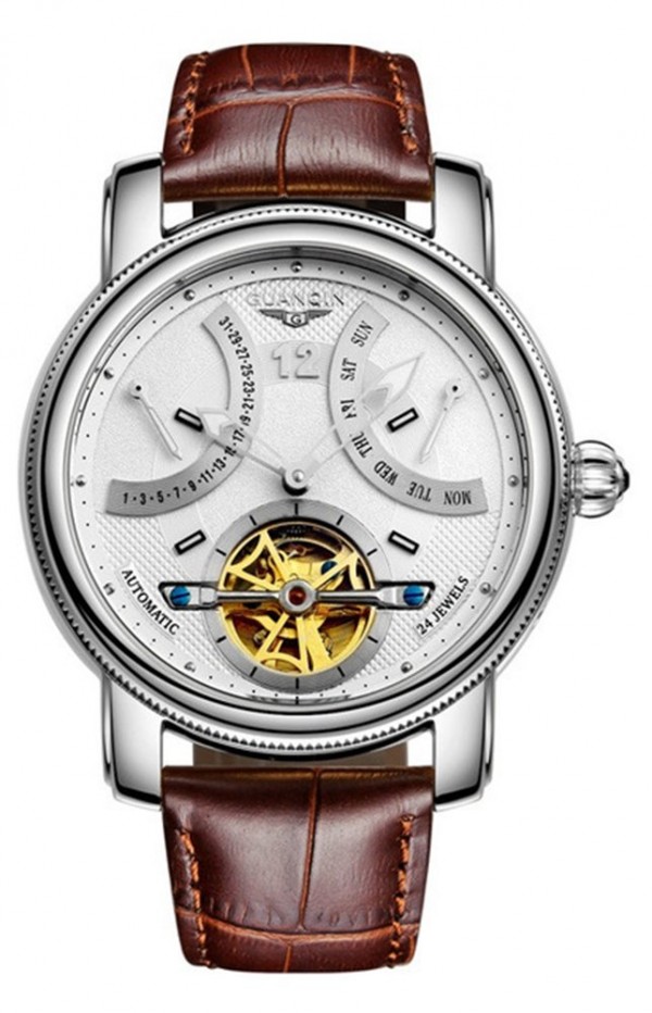 Skeleton Watch Waterproof Brown Genuine Leather Automatic Mechanical Wrist Watch