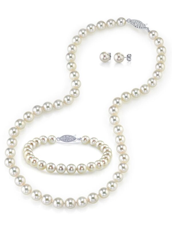 Bracelet & Earrings 14K Gold Quality Round White Akoya Cultured Pearl Necklace