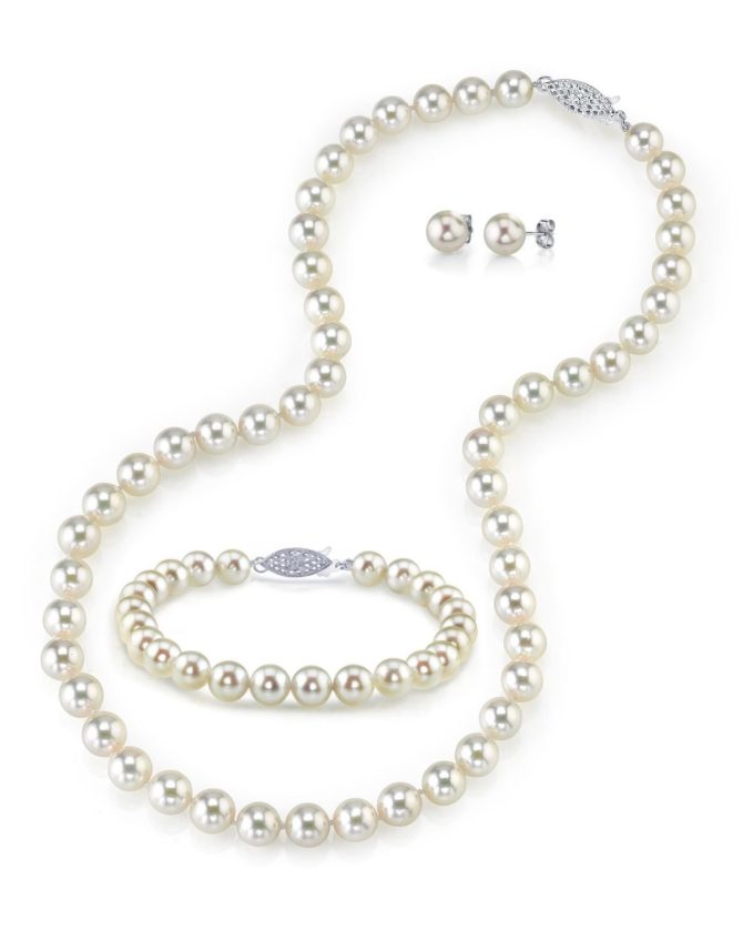 Bracelet & Earrings 14K Gold Quality Round White Akoya Cultured Pearl Necklace