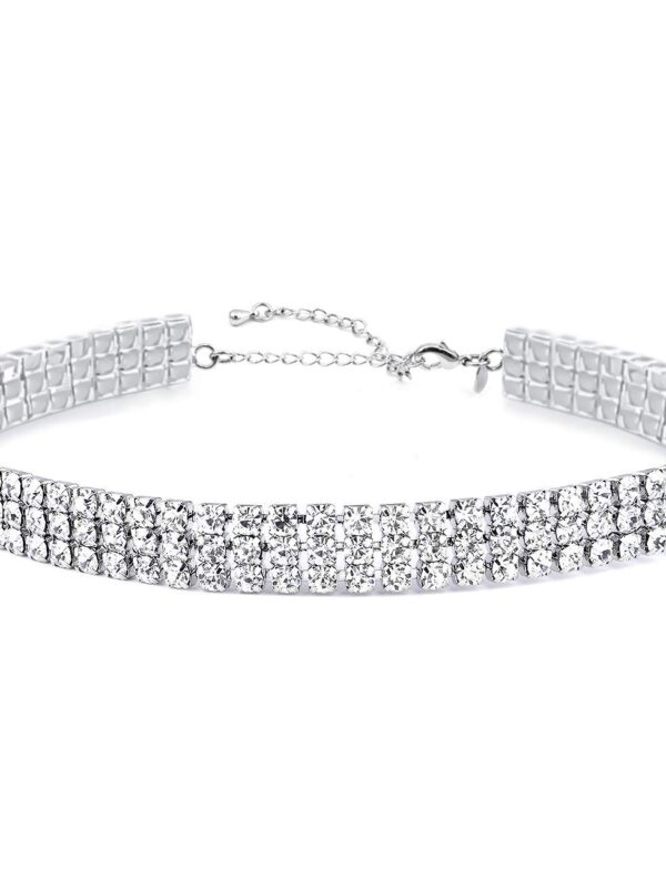 Clear Rhinestone Choker Necklace Silver Tone