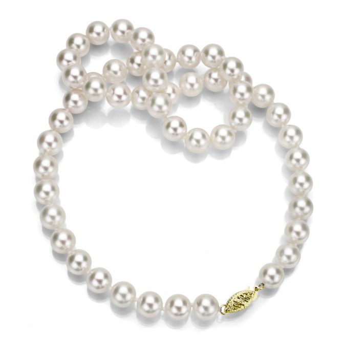 14k Yellow Gold AAA Hand-picked White Pearl Necklace