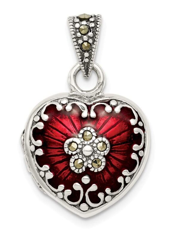 925 Sterling Silver Polished back Red Enamel Locket Pendant