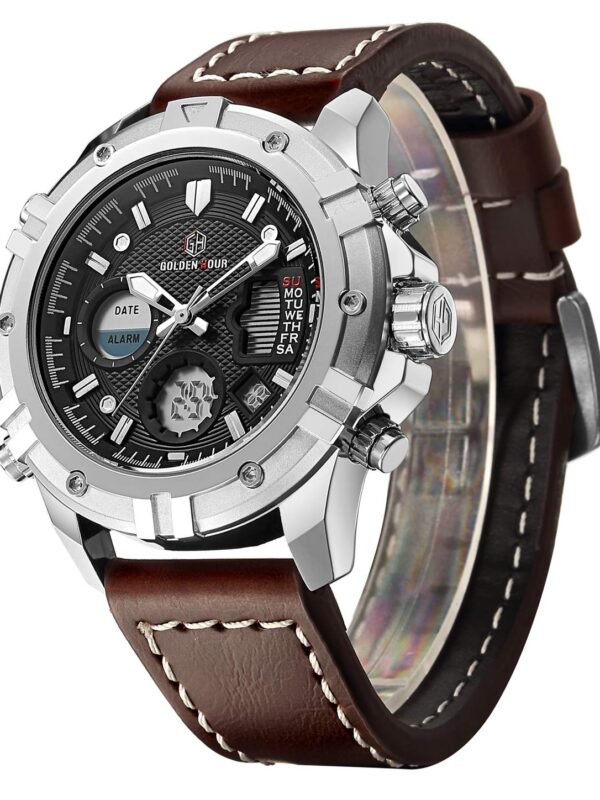 Sport Watch Digital Analog Waterproof Multifunctional Military Brown Leather