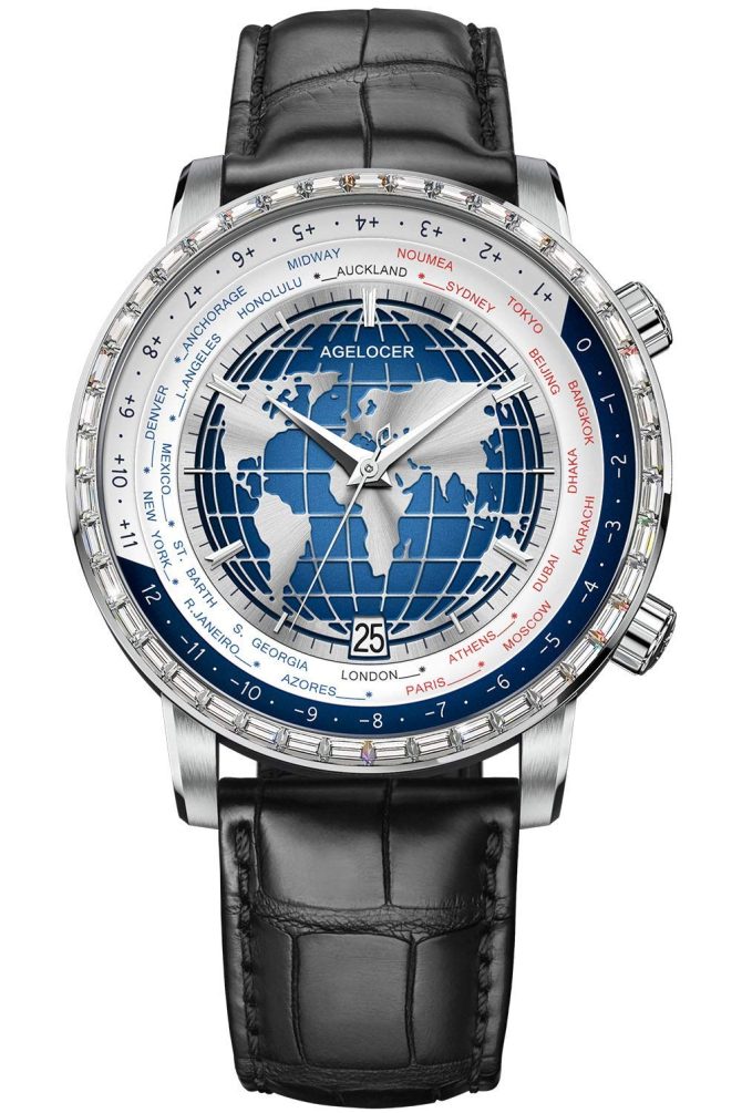 Agelocer Men's Genuine Diamond Dial Blue World time Mechanical Calendar