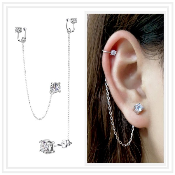 Crystal Ear Cuff Earrings Chain Sterling Silver Hypoallergenic