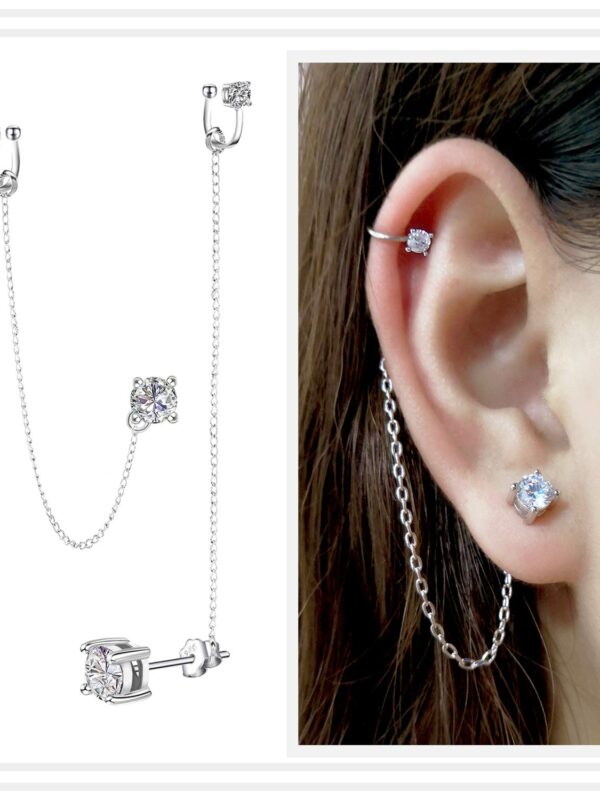 Crystal Ear Cuff Earrings Chain Sterling Silver Hypoallergenic
