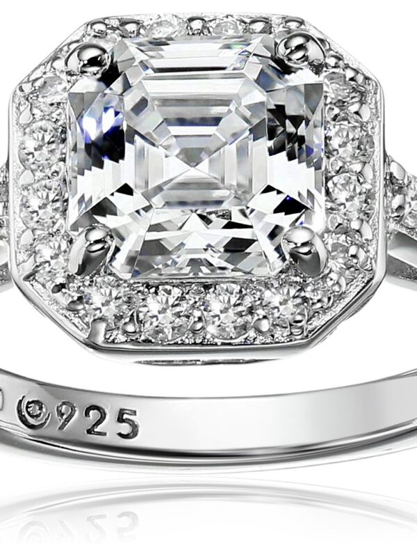 Sterling Silver Halo Ring set with Asscher Cut Swarovski Zirconia