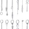 Set of 12 Stainless Steel Hinged Hoop Dangle Earrings with Long Chain Pendant (Silver).