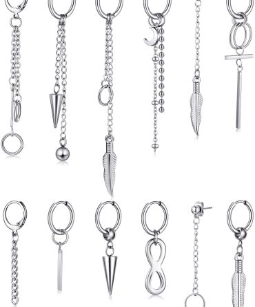 Set of 12 Stainless Steel Hinged Hoop Dangle Earrings with Long Chain Pendant (Silver).