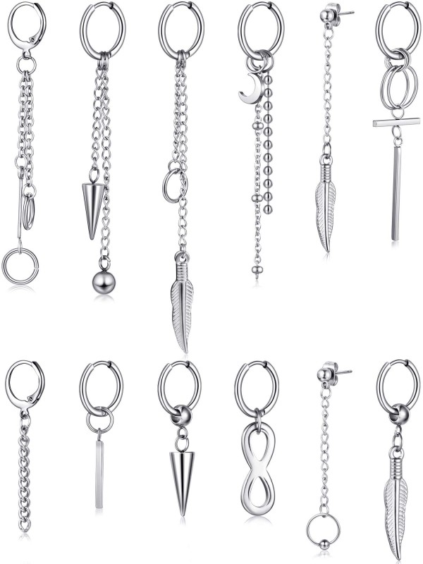 Set of 12 Stainless Steel Hinged Hoop Dangle Earrings with Long Chain Pendant (Silver).