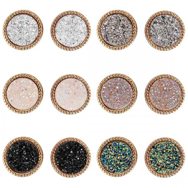Lullabb 6 Pairs Women Crystal Druse Round Stud Earrings