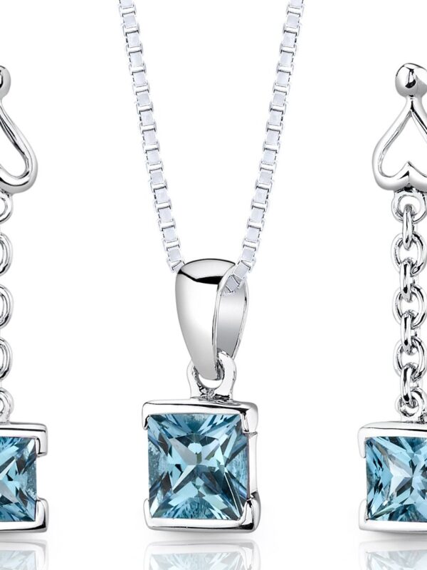 Princess Cut Blue Topaz Pendant Necklace and Earrings