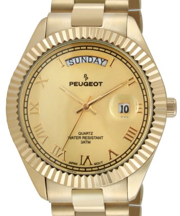 Experience Luxury Timekeeping with the Peugeot 14K All Gold Plated Watch - A Stunning Watch with a Large Face, Day Date Windows, Roman Numerals, and Coin Edge Fluted Bezel That Will Elevate Any Outfit!