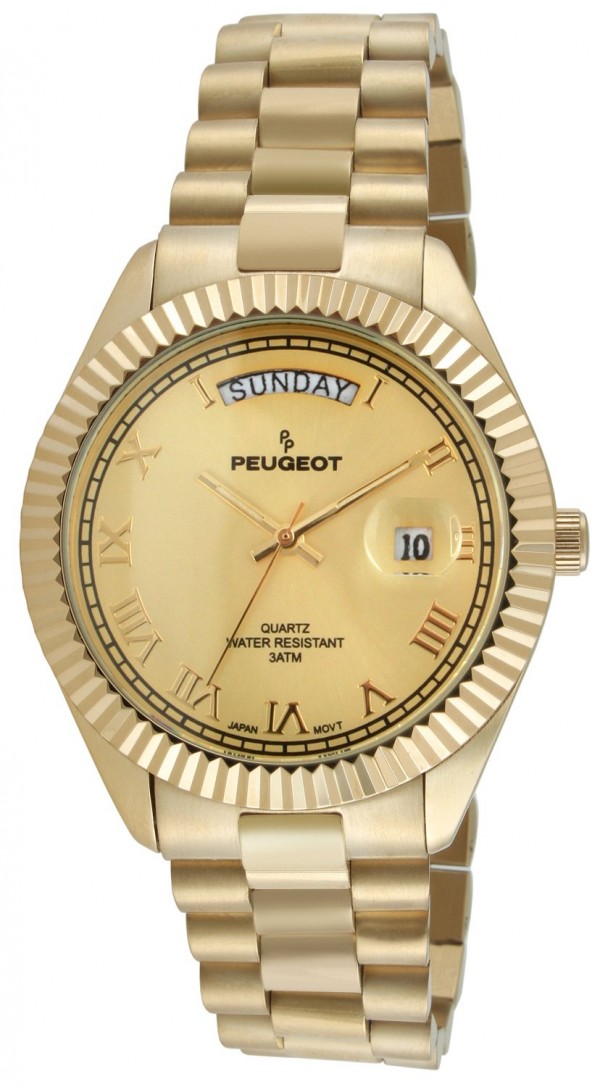 Experience Luxury Timekeeping with the Peugeot 14K All Gold Plated Watch - A Stunning Watch with a Large Face, Day Date Windows, Roman Numerals, and Coin Edge Fluted Bezel That Will Elevate Any Outfit!