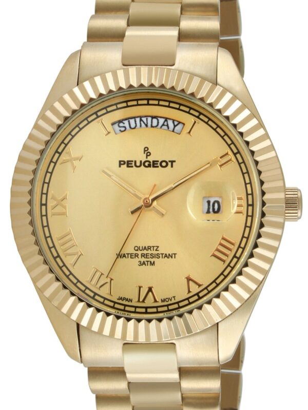 Experience Luxury Timekeeping with the Peugeot 14K All Gold Plated Watch - A Stunning Watch with a Large Face, Day Date Windows, Roman Numerals, and Coin Edge Fluted Bezel That Will Elevate Any Outfit!