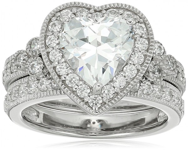 Platinum-Plated Sterling Silver Swarovski Zirconia Heart Antique Ring