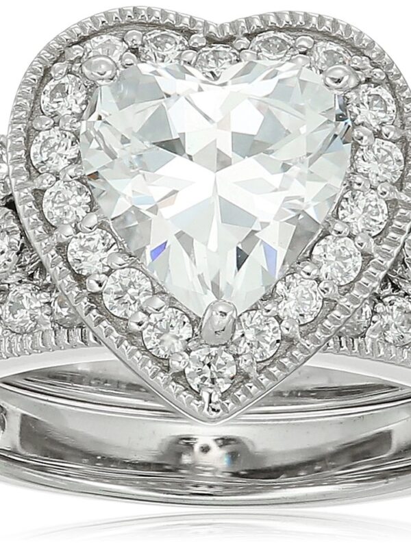 Platinum-Plated Sterling Silver Swarovski Zirconia Heart Antique Ring