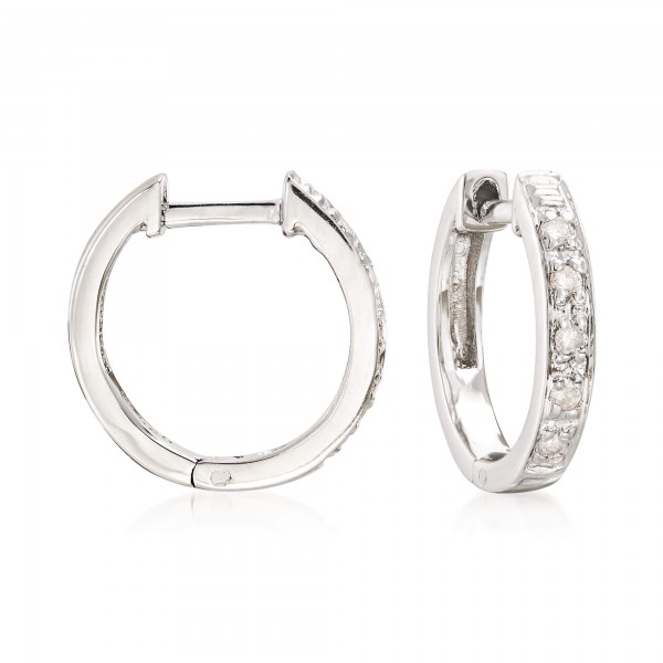 Elegant Ross-Simons Diamond-Accented Huggie Hoop Earrings in Sterling Silver