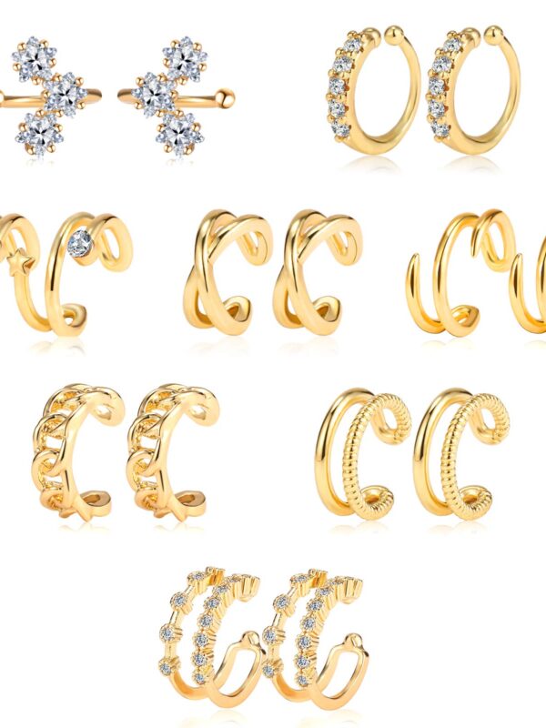 8 Pairs Gold Ear Cuffs Set Earrings Sparking Adjustable Helix