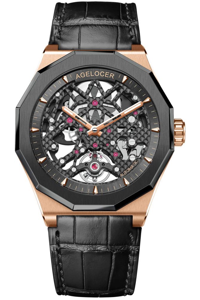 Agelocer Men's Top Brand Black Skeleton Automatic Mechanical Watch