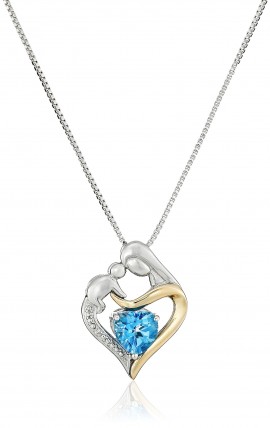 14k Yellow Gold Swiss Blue Topaz and Diamond Accent Pendant Necklace