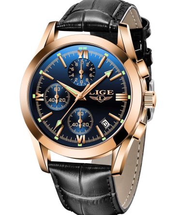 Mens Watches LIGE Fashion Leather Watch Analog Quartz Watch