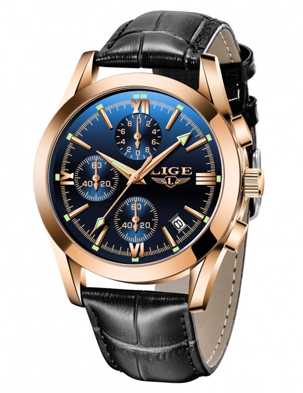 Mens Watches LIGE Fashion Leather Watch Analog Quartz Watch