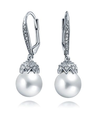 Drop Earrings Round White Simulated Pearl Crown Ball
