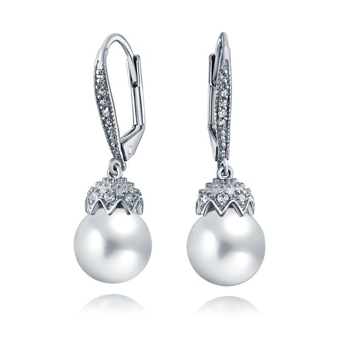 Drop Earrings Round White Simulated Pearl Crown Ball