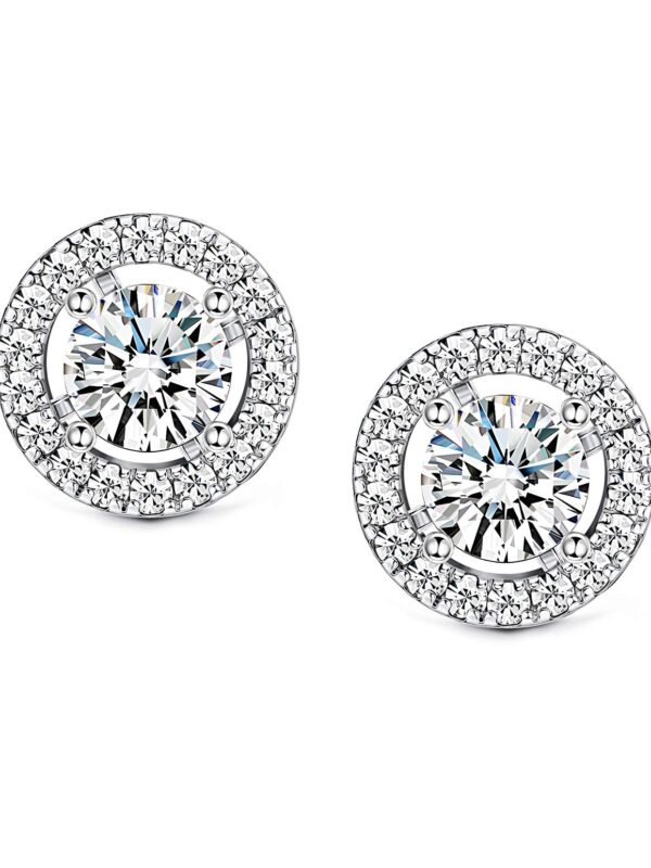 Silver Halo Stud Earrings for Women Round Cut