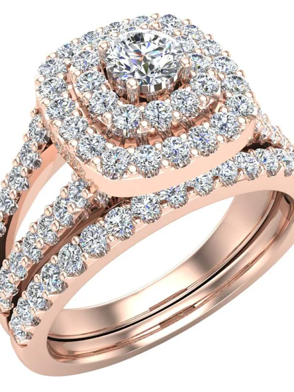 14K Rose Gold Wedding Rings Set Diamond Bridal Sets Cushion Halo Style 1.10 ctw - Luxurious and timeless bridal jewelry.