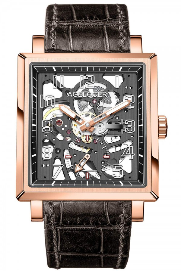 Agelocer Men's Double-Sided Hollow Black Steel Dual Time