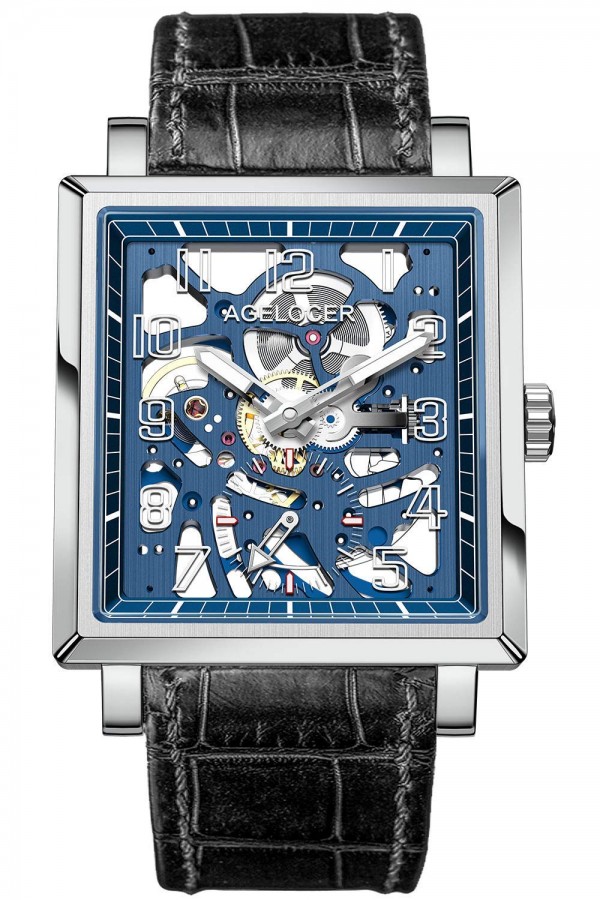 Agelocer Men's Double-Sided Hollow Black Steel Dual Time