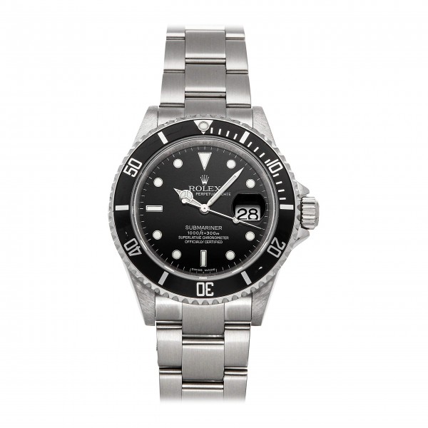 A Certified Pre-Owned Rolex Submariner 16610 with a sleek black dial, durable stainless steel case, and matching Oyster bracelet, showcasing timeless luxury and bold design. 