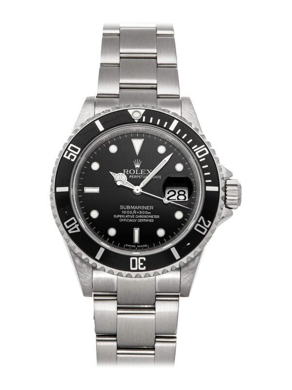A Certified Pre-Owned Rolex Submariner 16610 with a sleek black dial, durable stainless steel case, and matching Oyster bracelet, showcasing timeless luxury and bold design. 