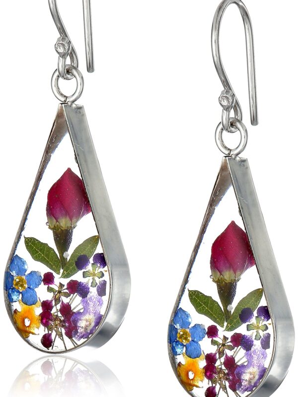 Sterling Silver Multi Pressed Flower Teardrop Earrings