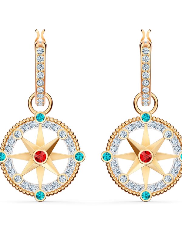 Swarovski Ocean Journey Drop Hoop Earrings – Aqua, Crimson, and White Crystals in a Gold-Tone Plated Setting with Hinged Closure 