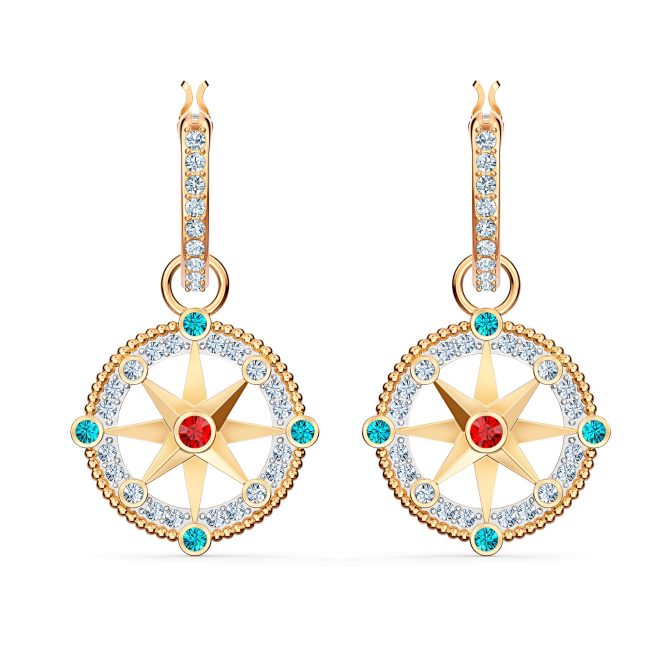 Swarovski Ocean Drop Hoop Compass Earrings with Aqua, Red and Blue Crystals