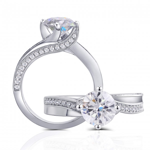 Moissanite Stone Engagement Ring Solitare with Accents Sterling Silver