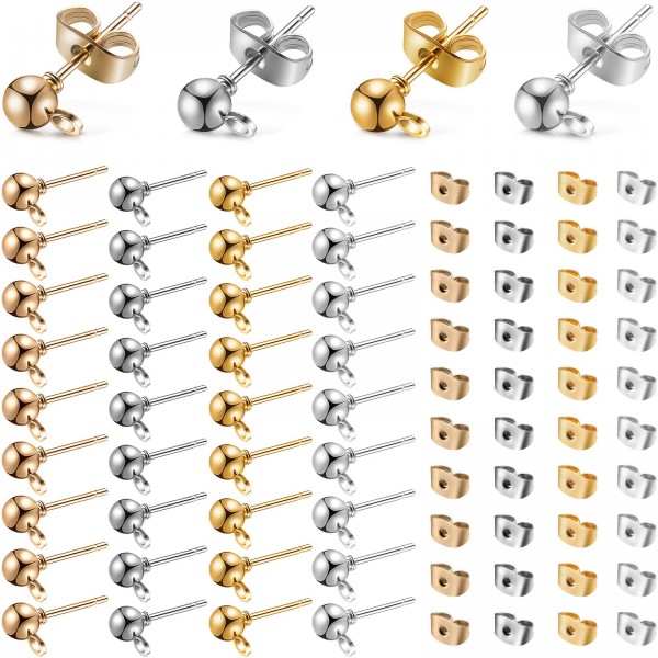 200 Pieces Ball Post Earring Studs Back Round Ball