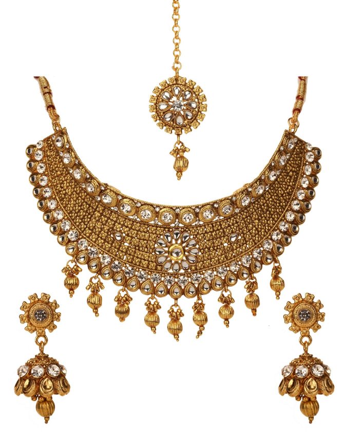 Jewellery Set Gold Plated Kundan Polki Choker Necklace Earrings