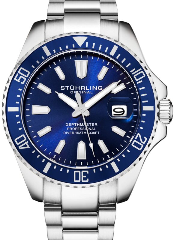 Stuhrling Depthmaster Dive Watch featuring luminescent baton-style hands, 100-meter water resistance, and a durable stainless steel bracelet with a push-button deployant clasp. 