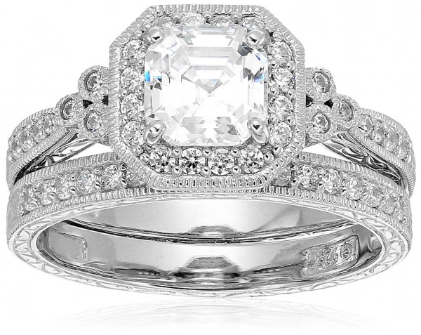 Platinum-Plated Antique Ring set with Asscher-Cut Swarovski Zirconia
