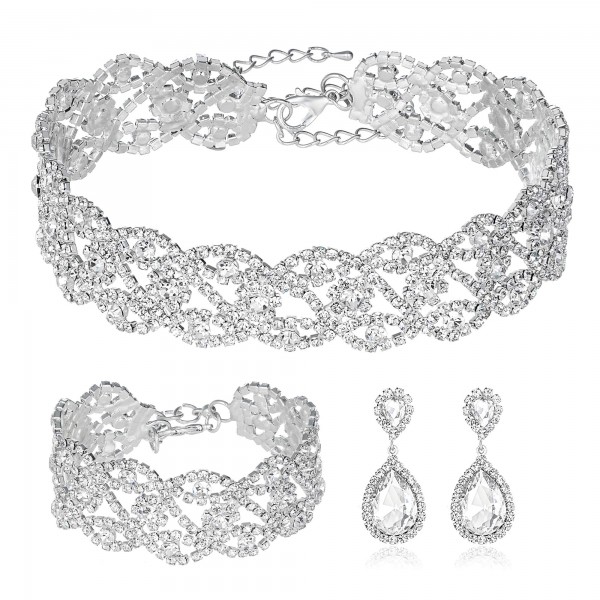 3 Pack Rhinestone Crystal Choker Necklace Link Bracelet