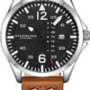 Stuhrling Original Mens Leather Watch Aviation Watch, Quick-Set Day-Date
