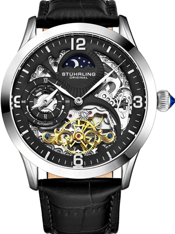 Stührling Original Watch for Men Skeleton Watch Dial, Dual Time, AM/PM Sun Moon