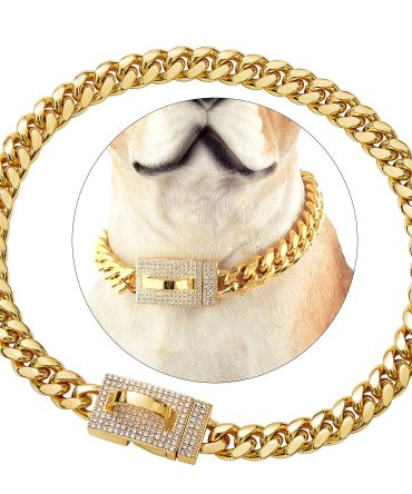 Diamonds 18K Gold Dog Chain Collar with Design Secure Buckle Bling